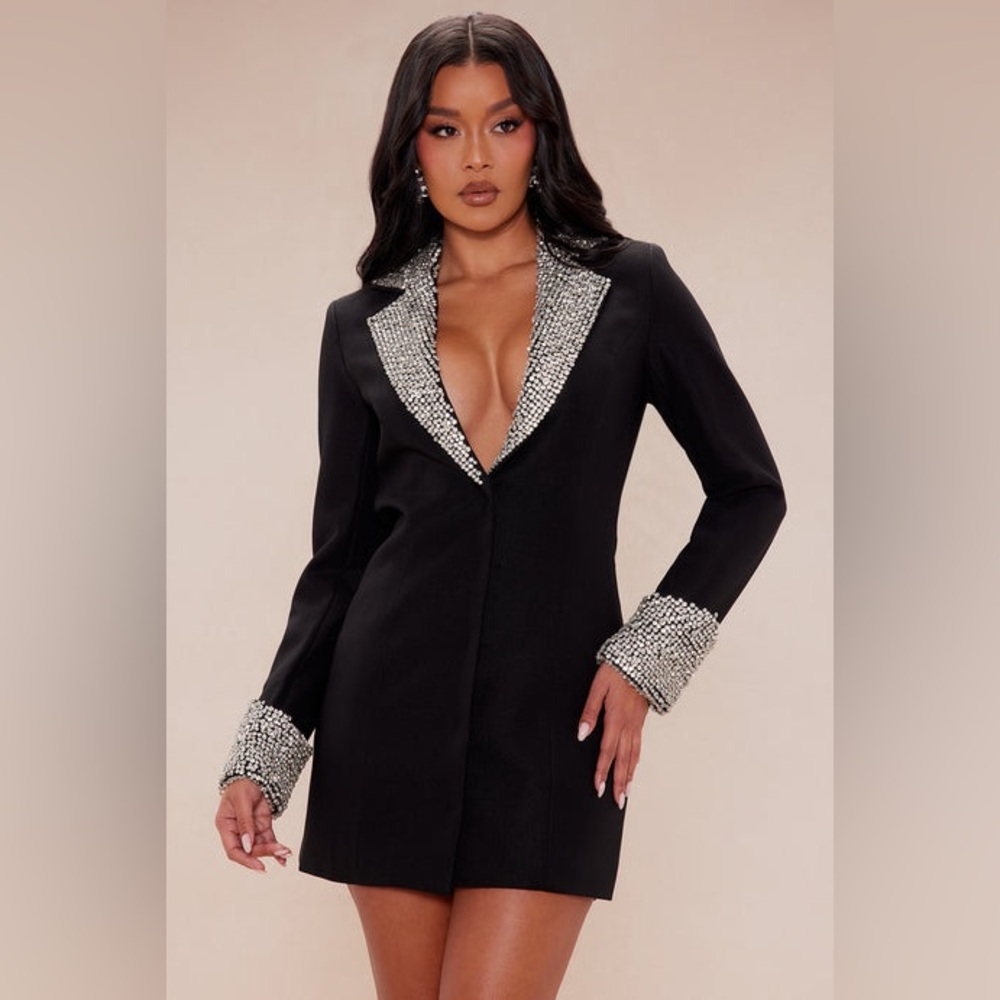 Elegant Embellished Blazer Mini Dress with Crystal Rhinestones